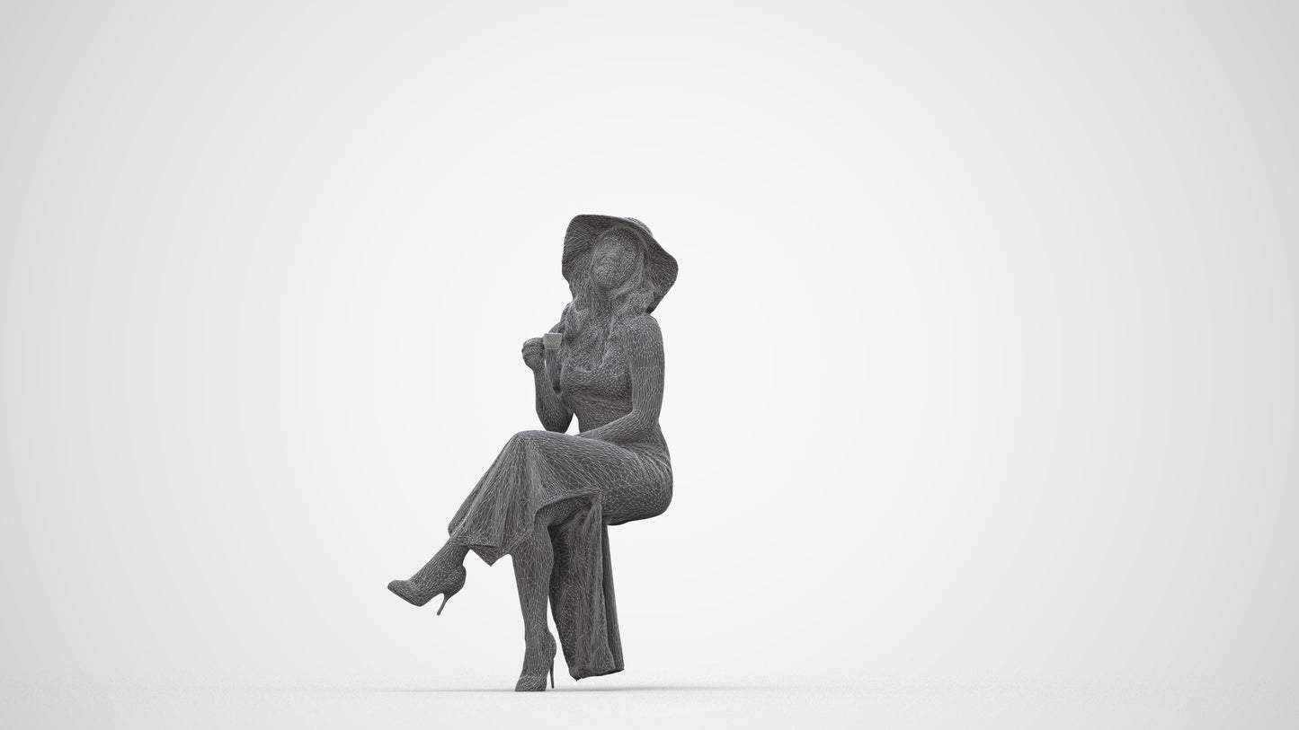 realistic 3D people woman casual sitting, render-ready for V-Ray and Corona, FBX OBJ, wireframe back view