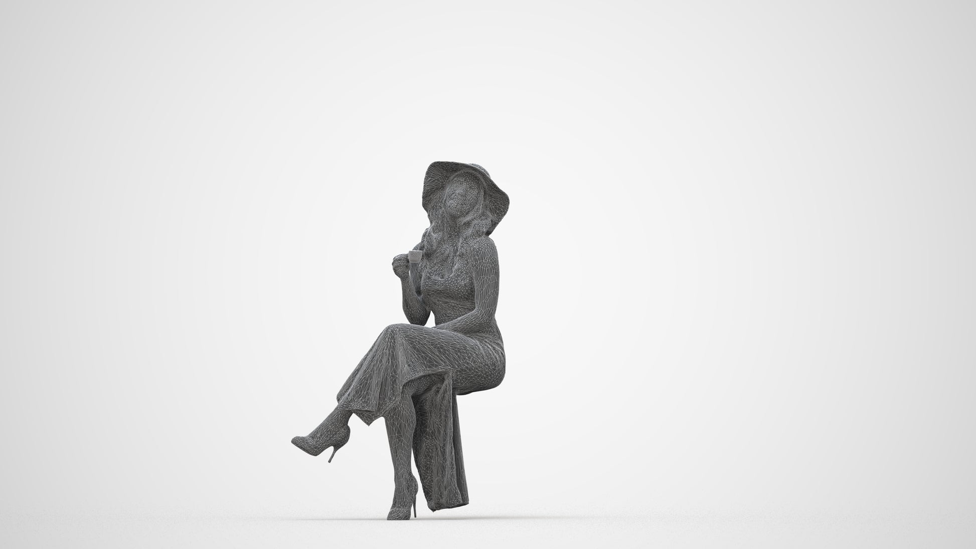 realistic 3D people woman casual sitting, render-ready for V-Ray and Corona, FBX OBJ, wireframe back view