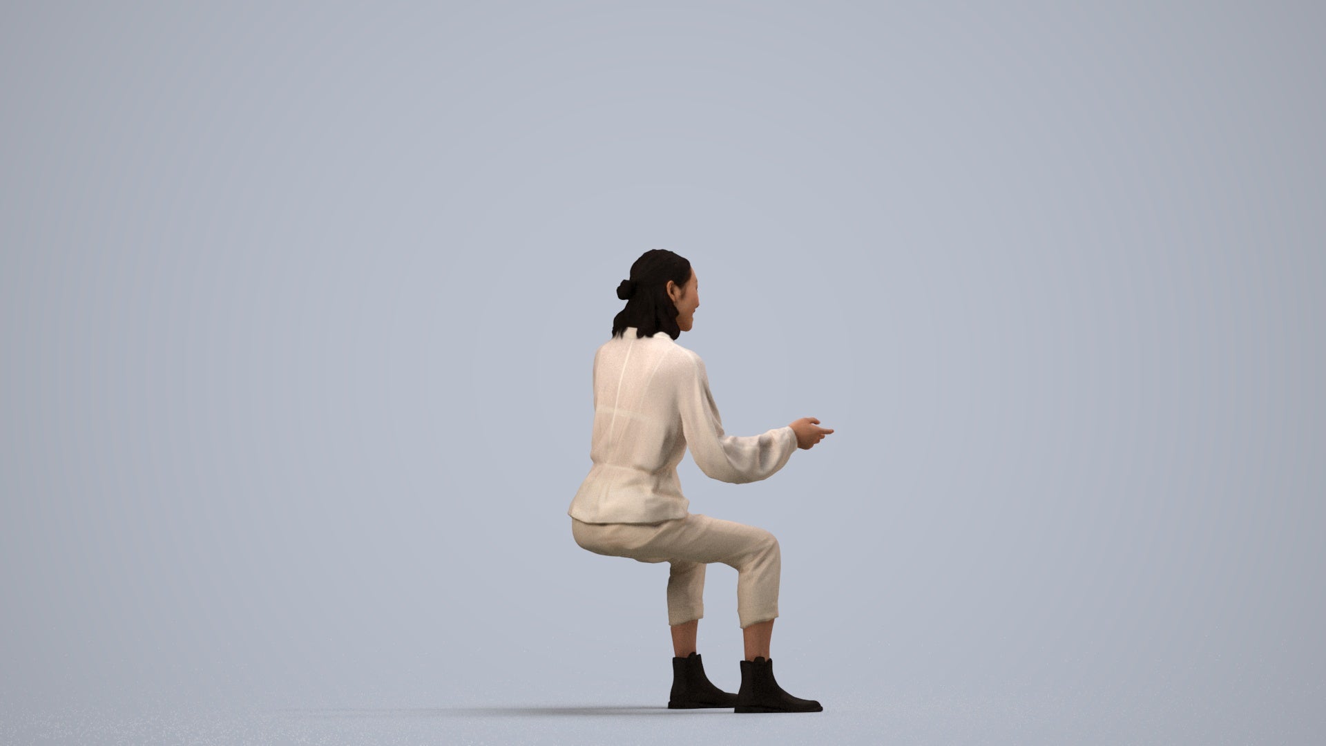3D scanned woman sitting casual, photorealistic archviz people for Enscape and SketchUp, side view render