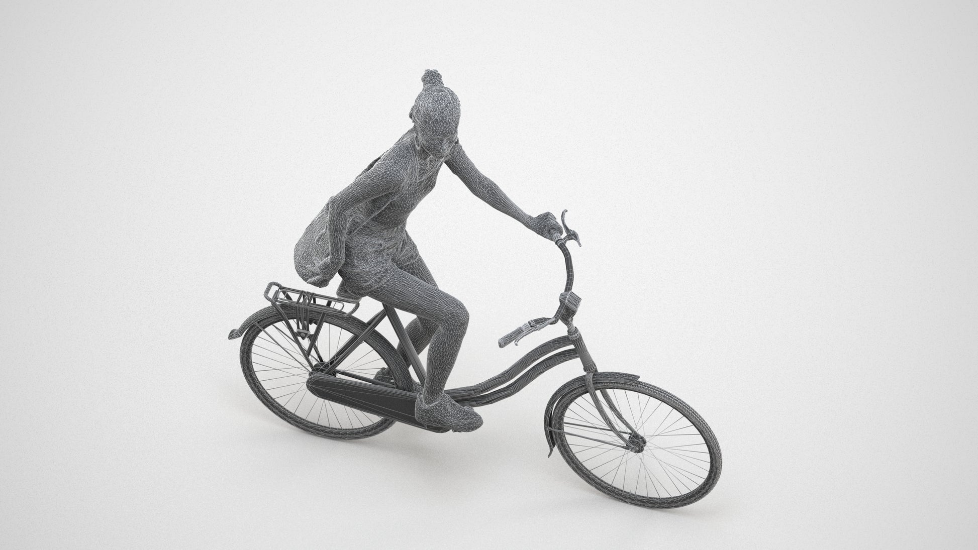 realistic 3D human woman casual cycling, archviz people FBX OBJ for Blender, wireframe three-quarter view