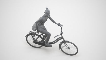 realistic 3D human woman casual cycling, archviz people FBX OBJ for Blender, wireframe three-quarter view