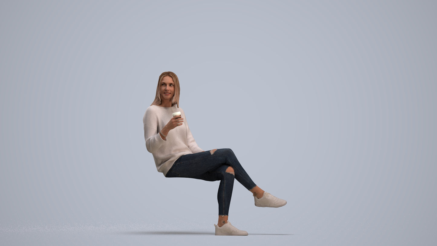 3D scanned woman sitting casual, photorealistic archviz people for Enscape and SketchUp, standing pose render