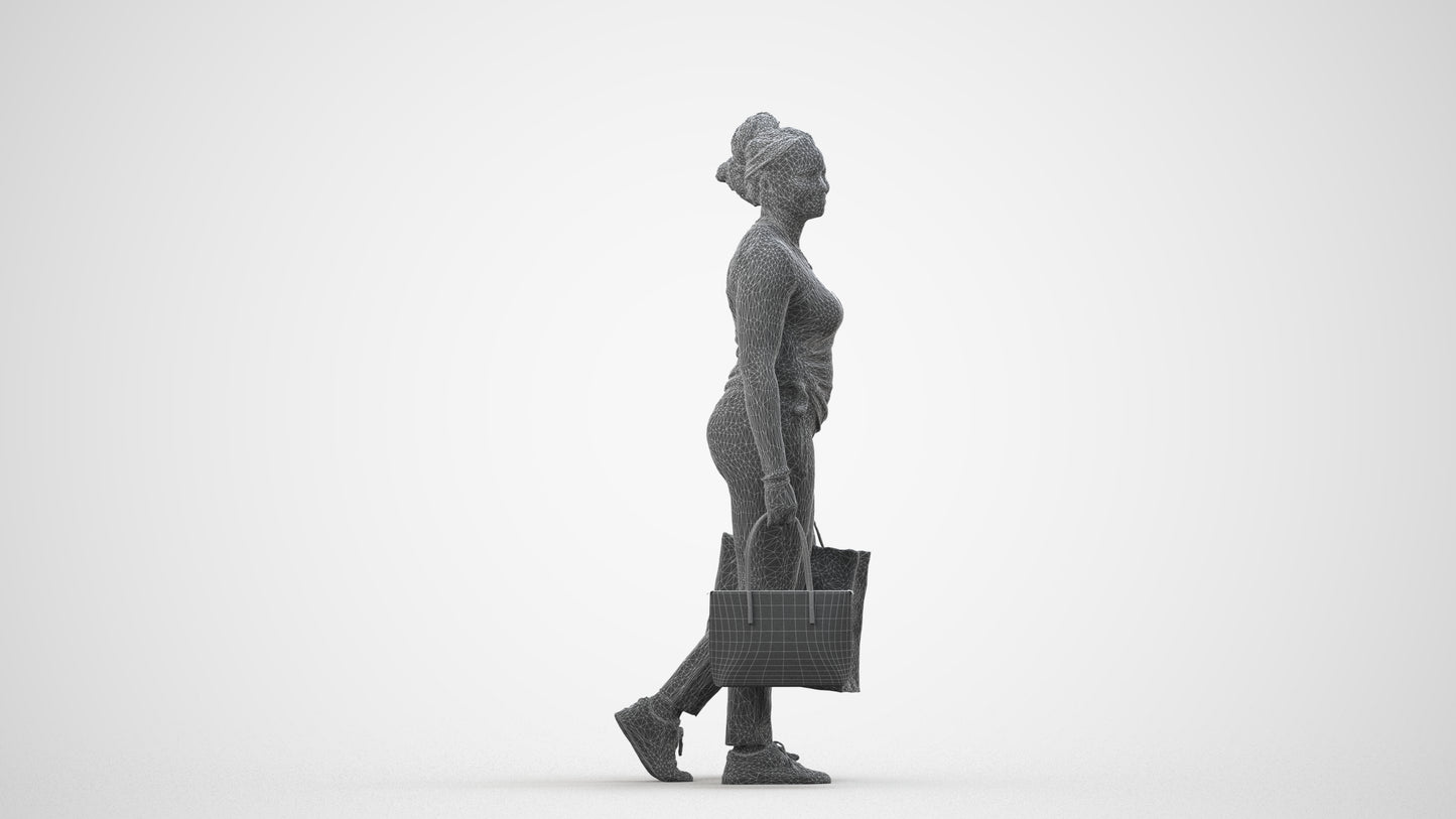 3D people model woman casual shopping, scanned human for 3ds Max rendering, wireframe side view