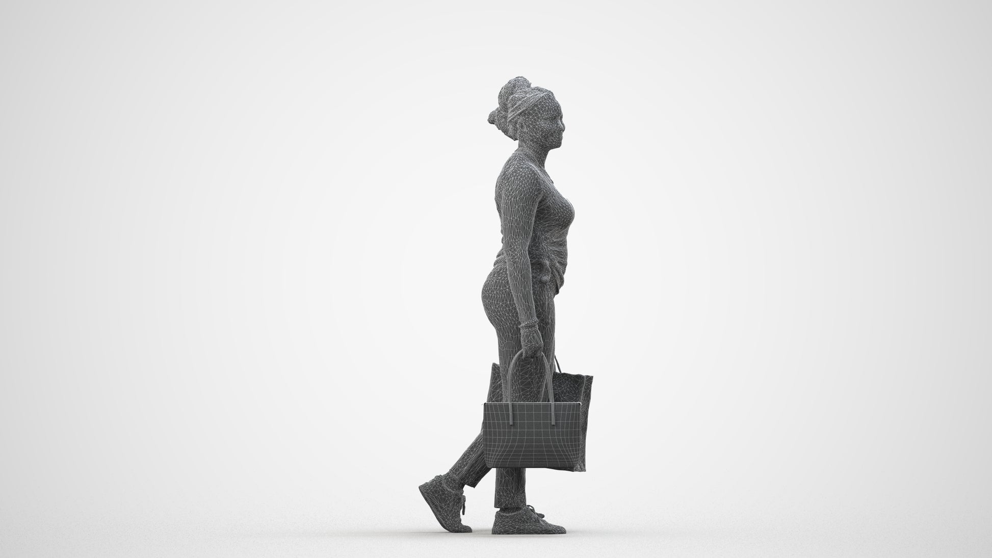 3D people model woman casual shopping, scanned human for 3ds Max rendering, wireframe side view