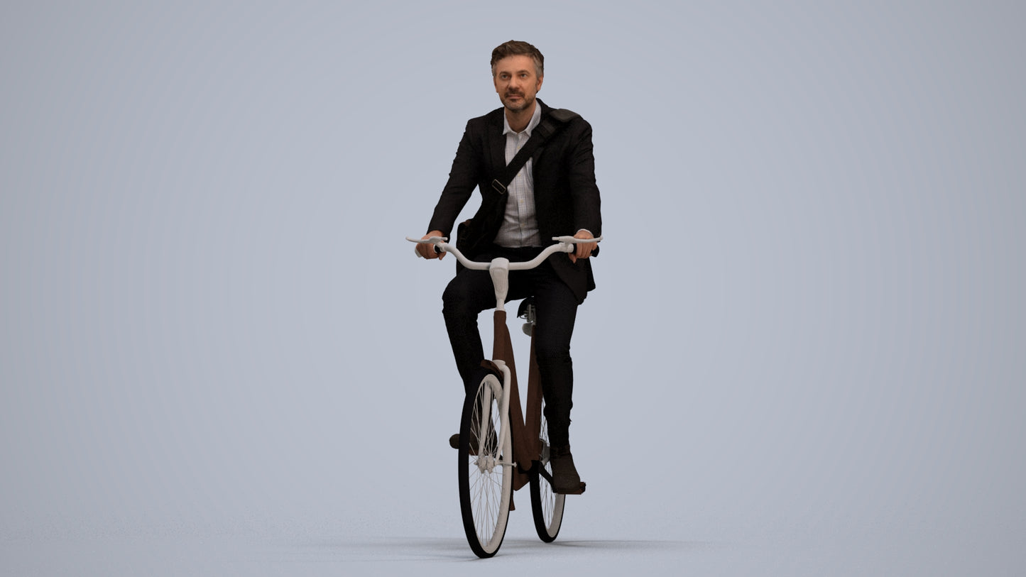 3D human model man business cycling, photogrammetry scanned person for archviz, standing pose render