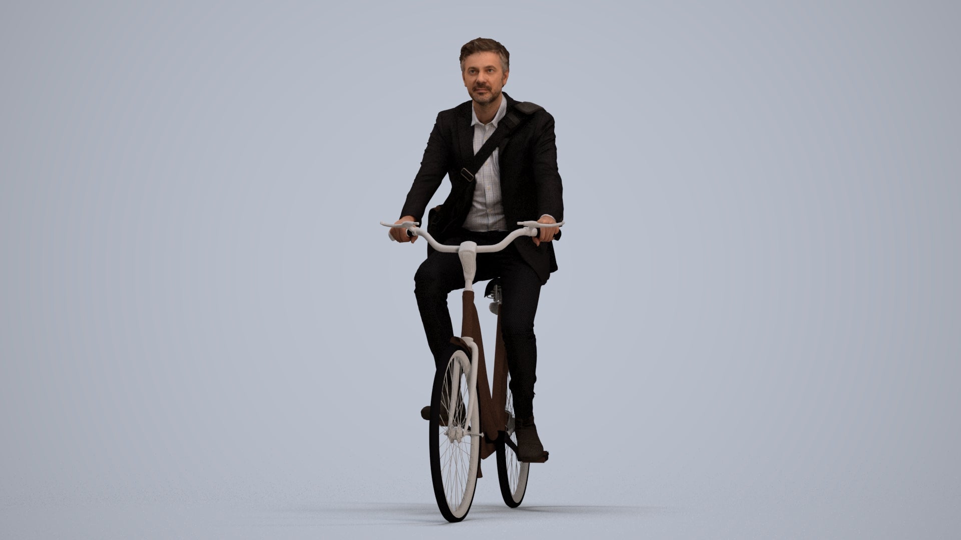 3D human model man business cycling, photogrammetry scanned person for archviz, standing pose render