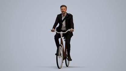 3D human model man business cycling, photogrammetry scanned person for archviz, standing pose render