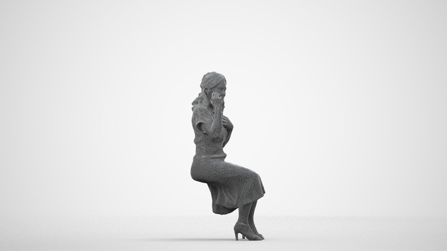 realistic 3D human woman casual sitting, archviz people FBX OBJ for Blender, wireframe side view