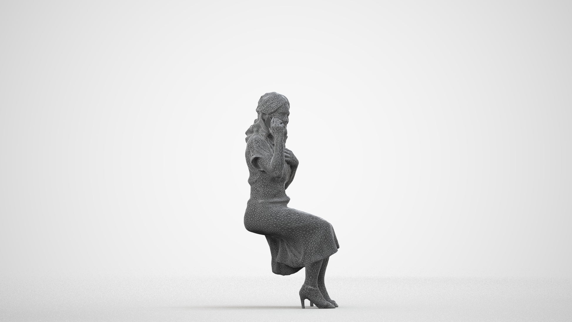 realistic 3D human woman casual sitting, archviz people FBX OBJ for Blender, wireframe side view