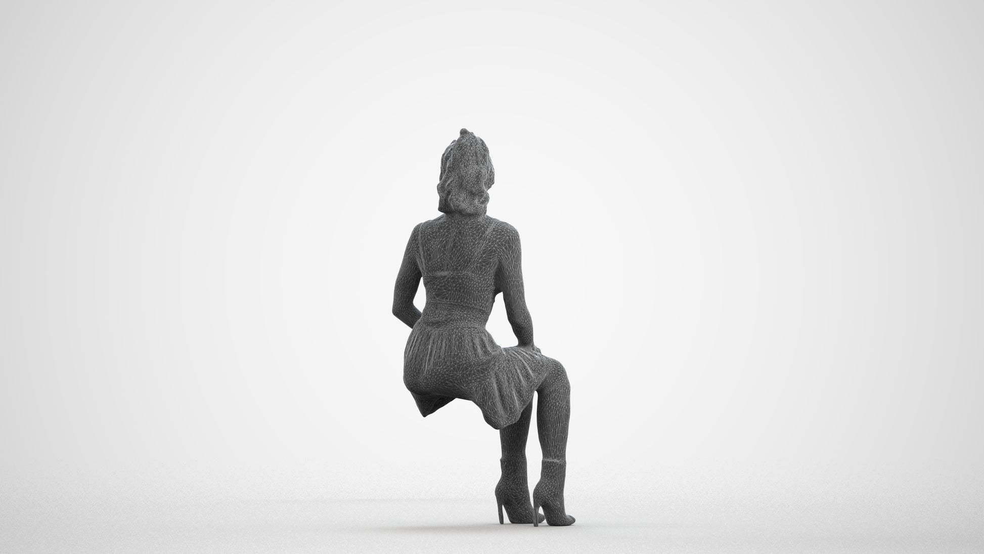 scanned 3D woman casual sitting, photogrammetry people for Enscape and V-Ray, wireframe front view