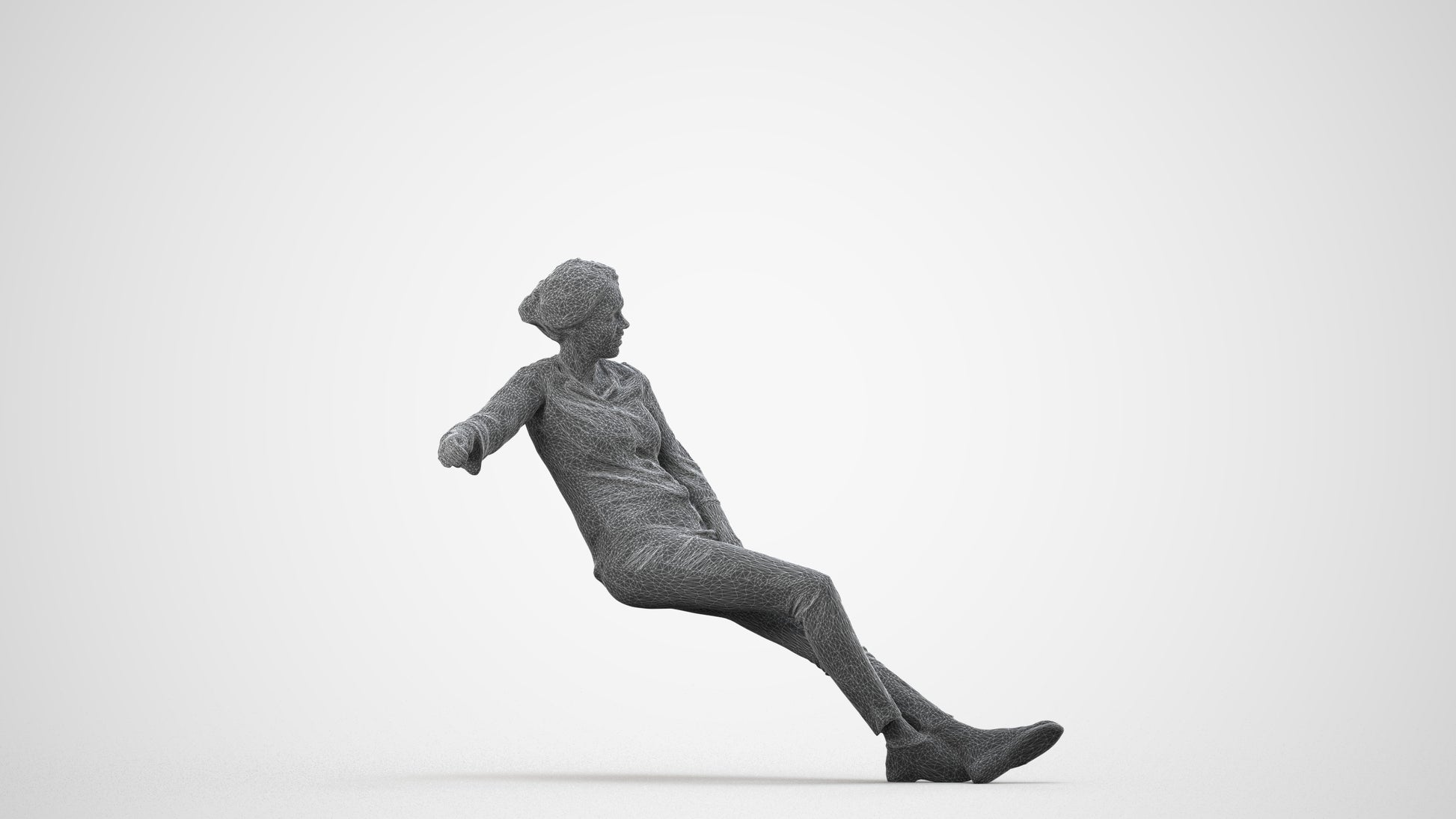 realistic 3D woman casual sitting, scanned archviz people for Blender and 3ds Max, wireframe side view