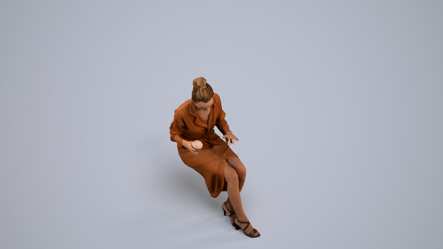 realistic 3D people woman casual sitting, render-ready for V-Ray and Corona, FBX OBJ, back view render
