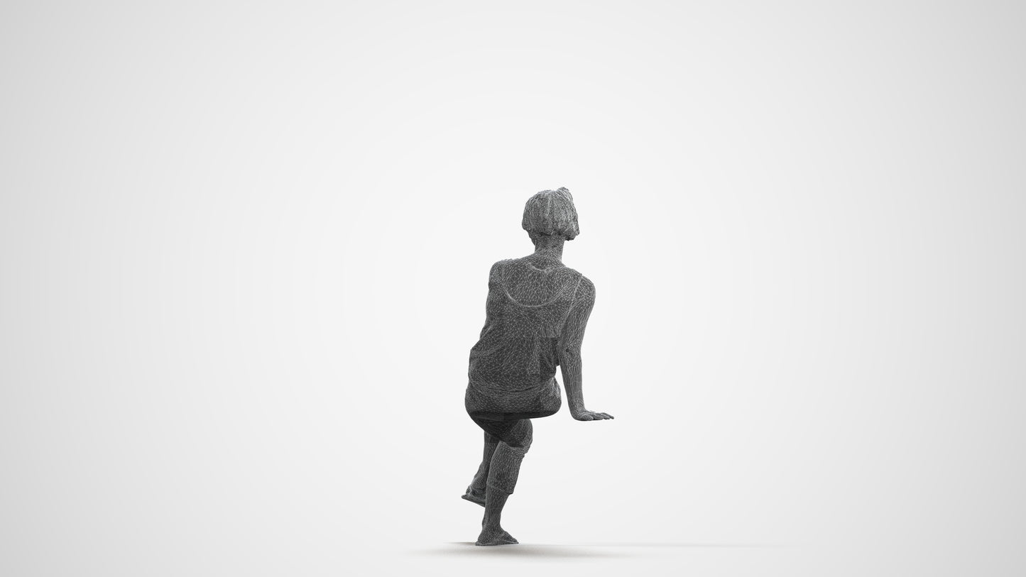 3D human model senior woman sitting, photogrammetry scanned person for archviz, wireframe front view