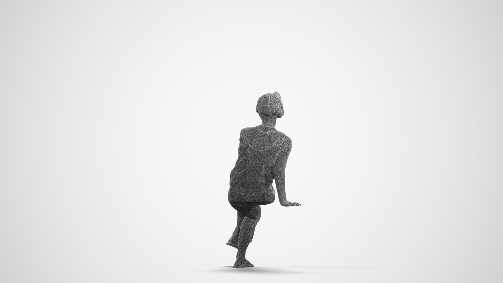3D human model senior woman sitting, photogrammetry scanned person for archviz, wireframe front view