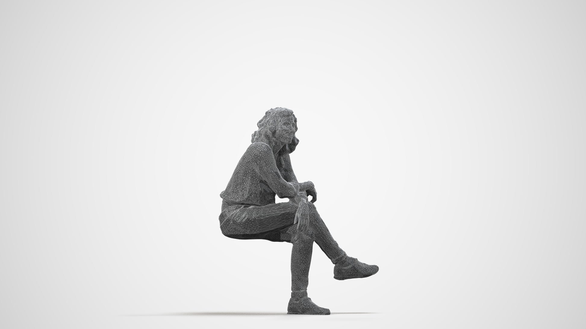 photogrammetry 3D woman casual sitting, realistic human model archviz FBX, wireframe side view