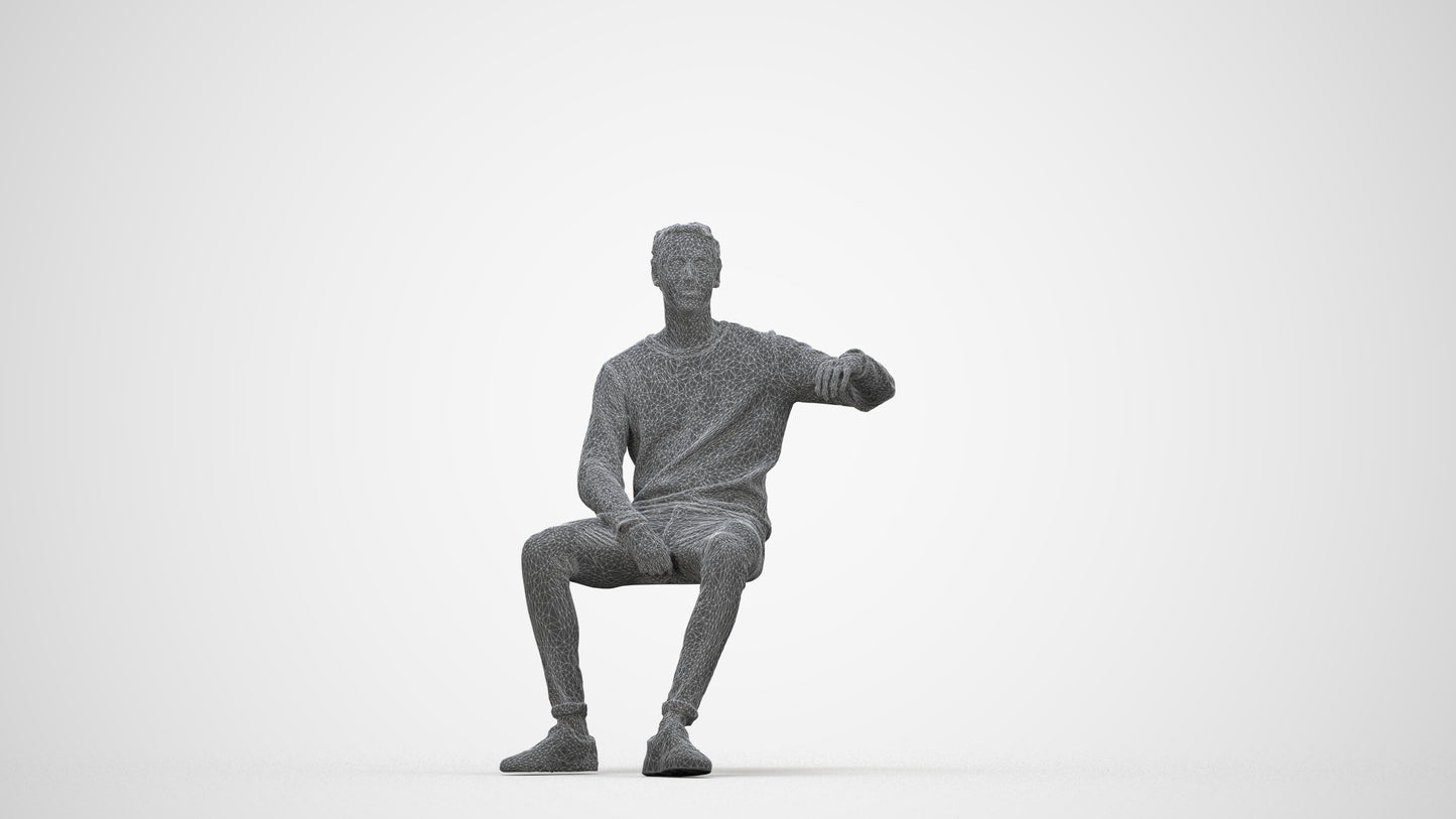 photogrammetry 3D man casual sitting, realistic human model archviz FBX, wireframe back view