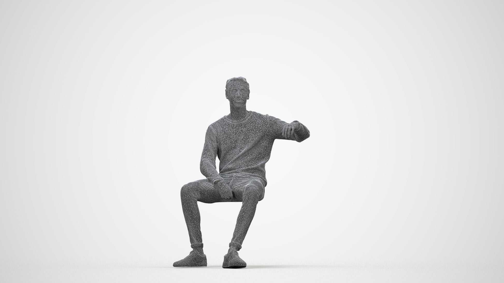 photogrammetry 3D man casual sitting, realistic human model archviz FBX, wireframe back view