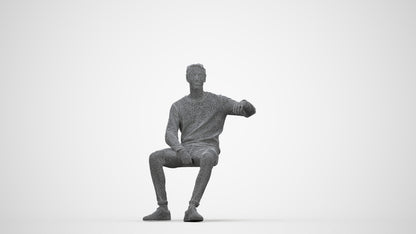 photogrammetry 3D man casual sitting, realistic human model archviz FBX, wireframe back view