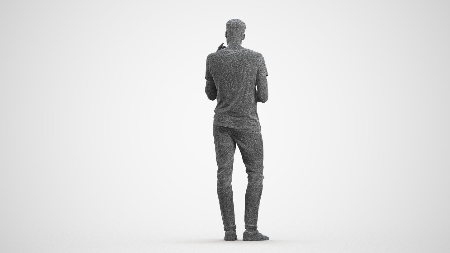 3D people model man casual standing, scanned human for 3ds Max rendering, wireframe front view