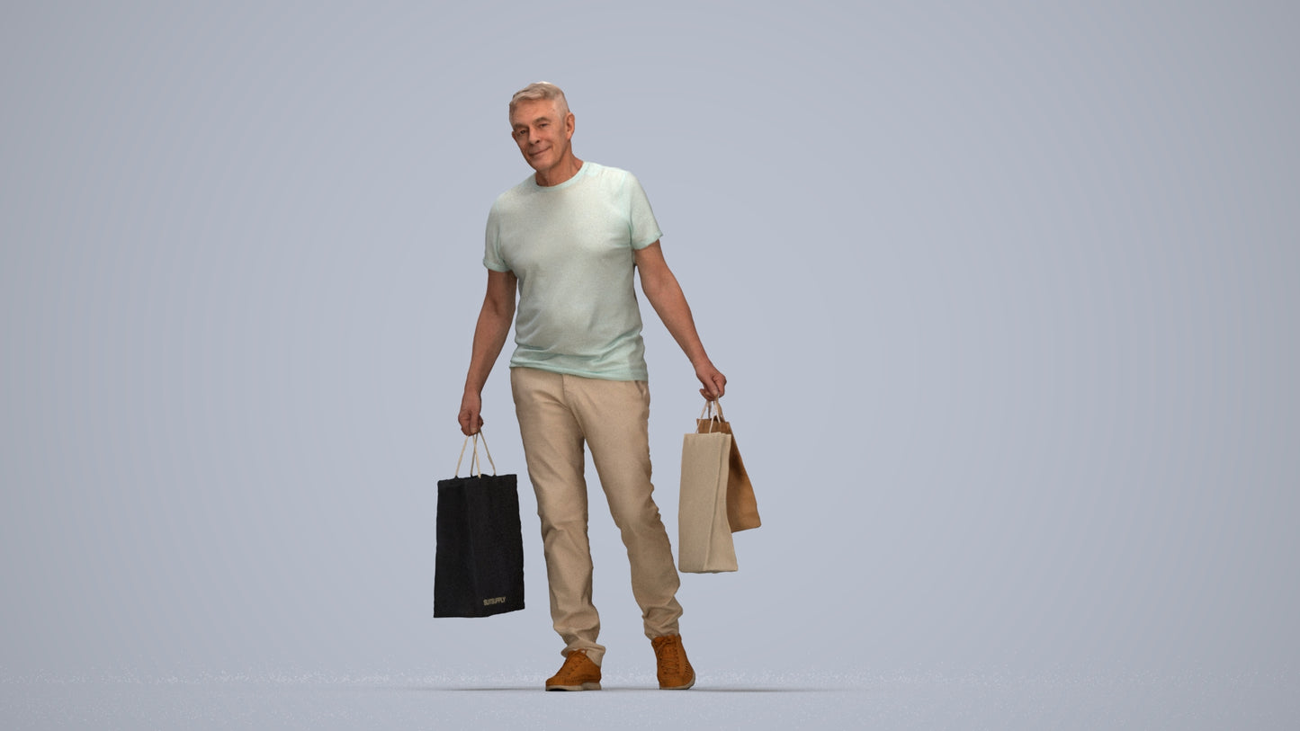 photogrammetry 3D senior man casual shopping, realistic human model archviz FBX, top-down view render