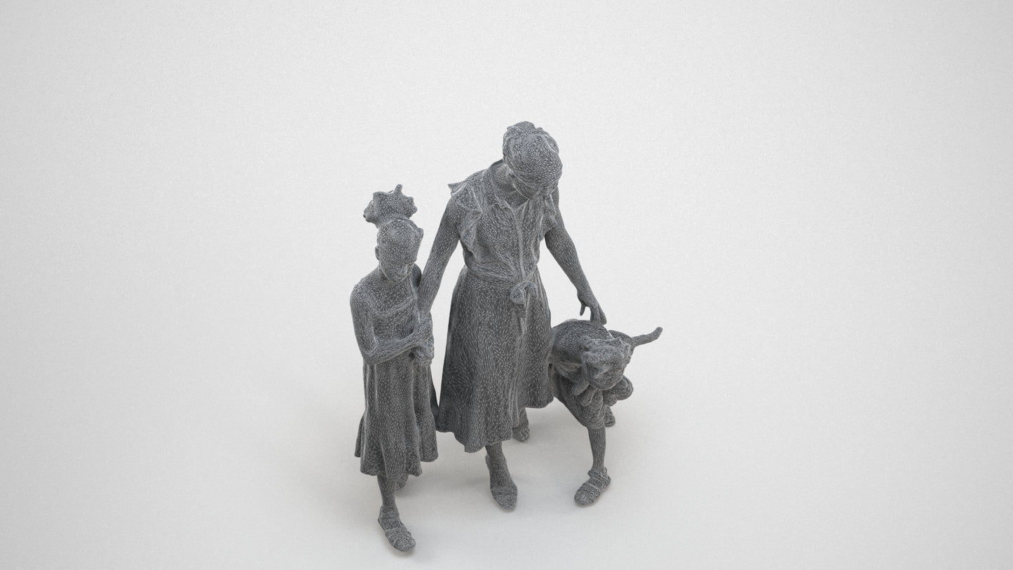 3D human model girl casual kids, photogrammetry scanned person for archviz, wireframe three-quarter view
