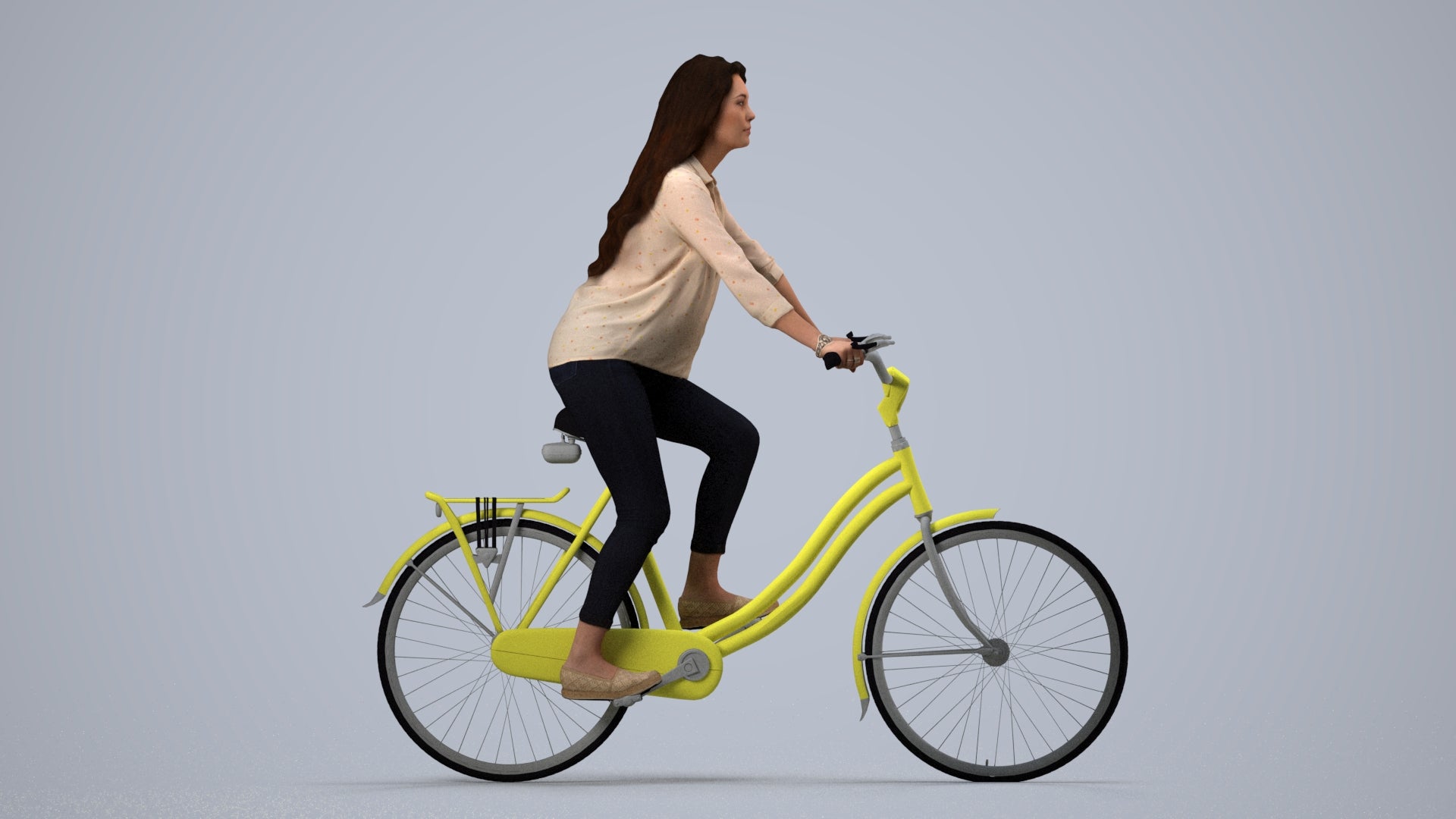 3D scanned woman cycling, photorealistic archviz people for Enscape and SketchUp, side view render