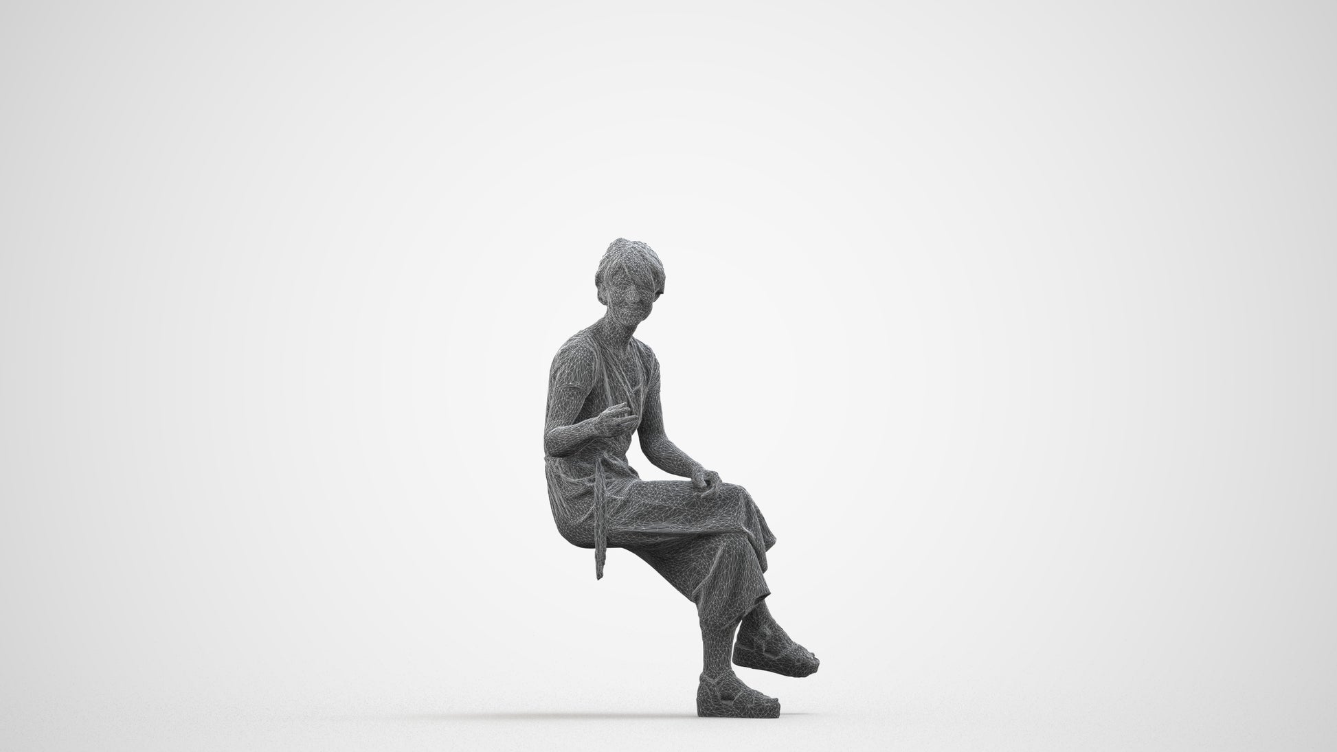 photogrammetry 3D senior woman casual sitting, realistic human model archviz FBX, wireframe side view