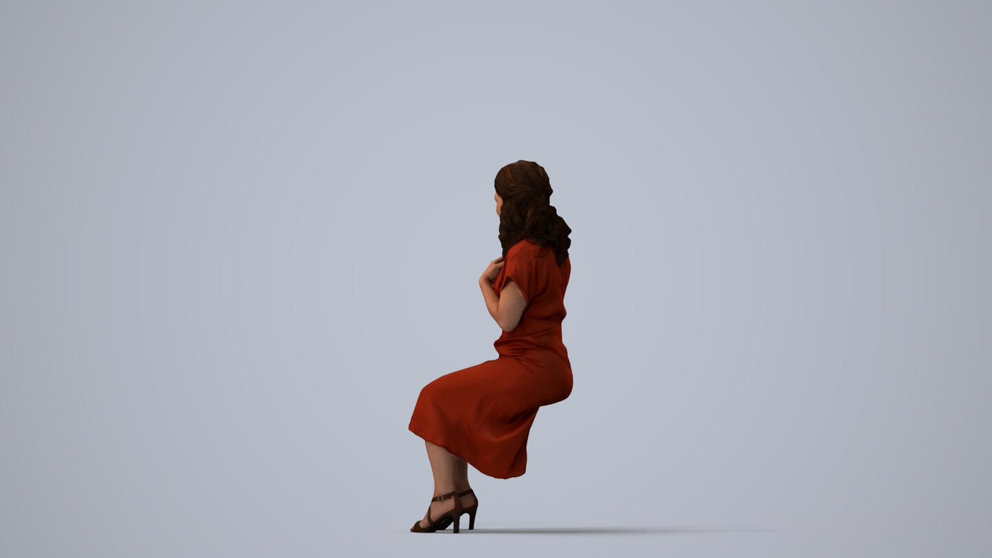realistic 3D human woman casual sitting, archviz people FBX OBJ for Blender, three-quarter view render