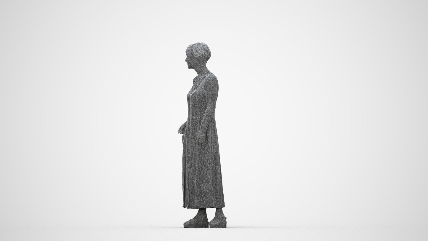 3D human model senior woman standing, photogrammetry scanned person for archviz, wireframe back view