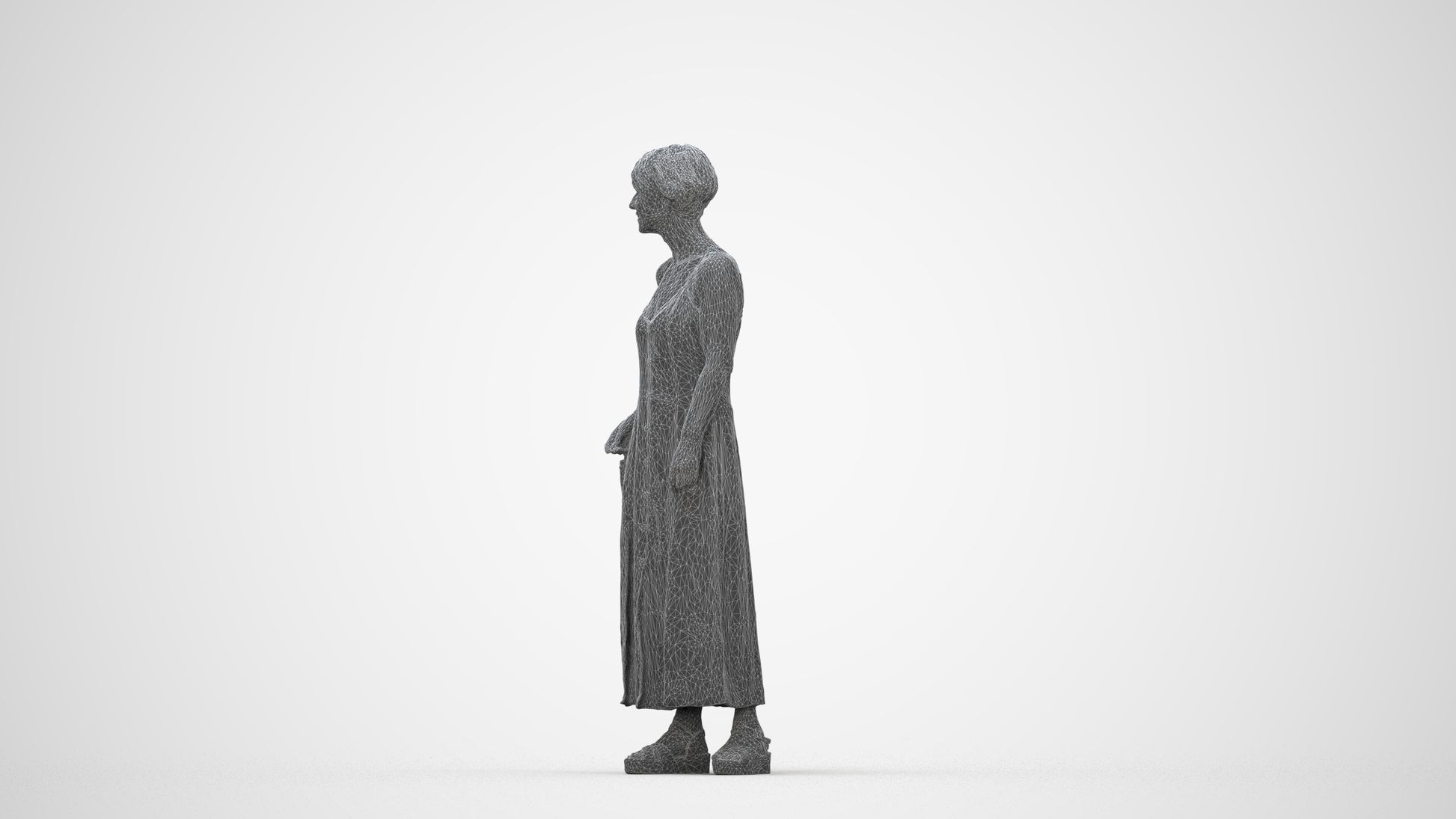 3D human model senior woman standing, photogrammetry scanned person for archviz, wireframe back view