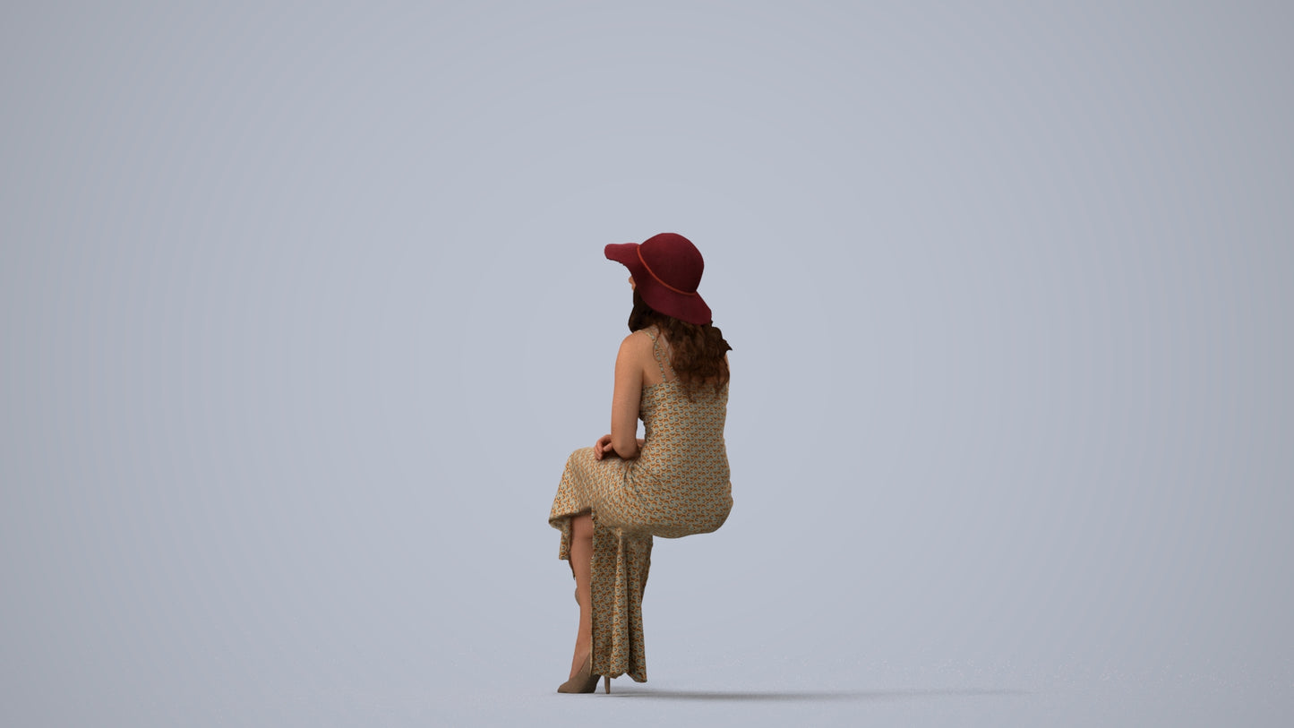 realistic 3D human woman casual sitting, archviz people FBX OBJ for Blender, three-quarter view render
