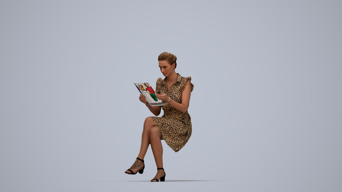 3D people model woman casual sitting, scanned human for 3ds Max rendering, top-down view render