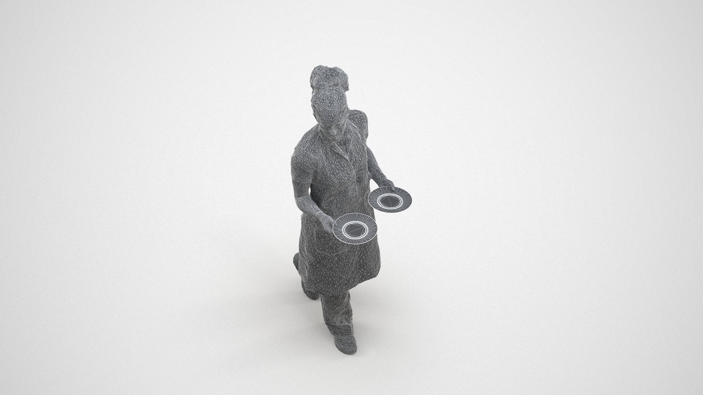 realistic 3D woman hospitality, scanned archviz people for Blender and 3ds Max, wireframe three-quarter view