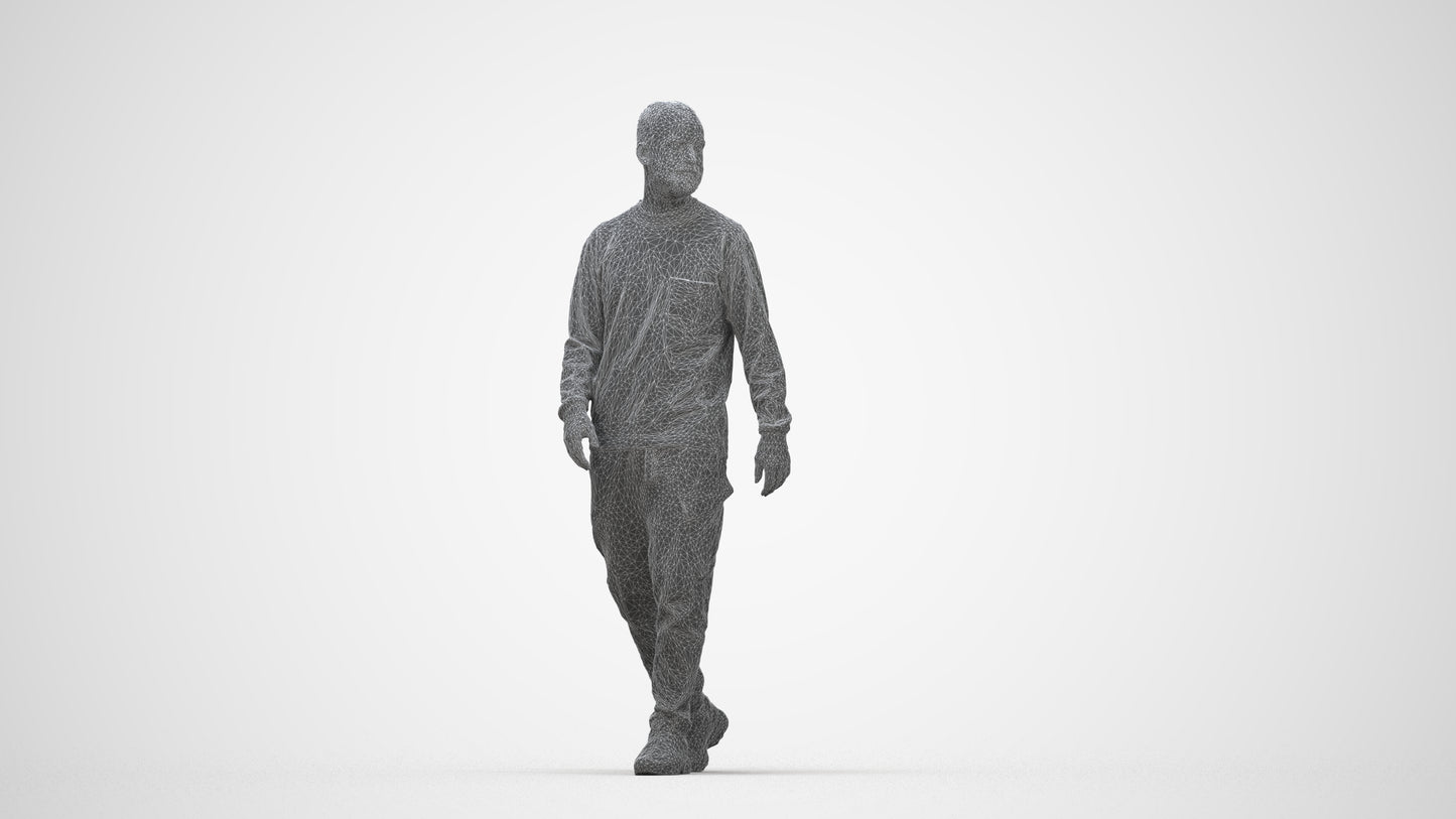 3D scanned man walking casual, photorealistic archviz people for Enscape and SketchUp, wireframe back view
