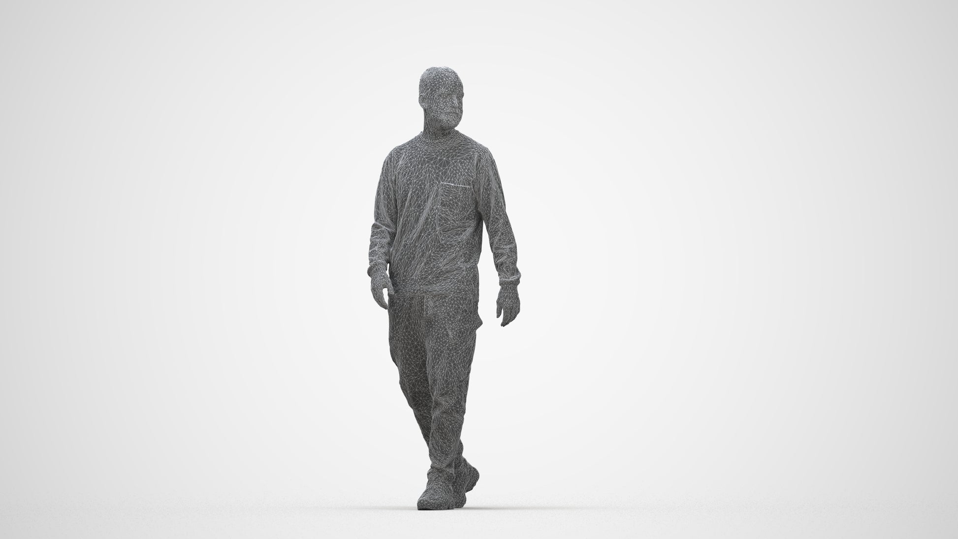 3D scanned man walking casual, photorealistic archviz people for Enscape and SketchUp, wireframe back view