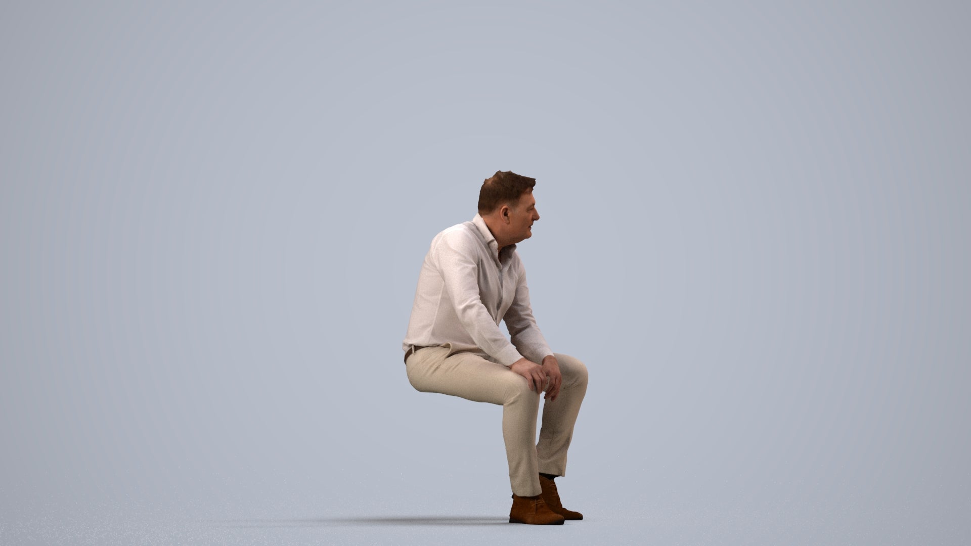 3D people model man casual sitting, scanned human for 3ds Max rendering, side view render