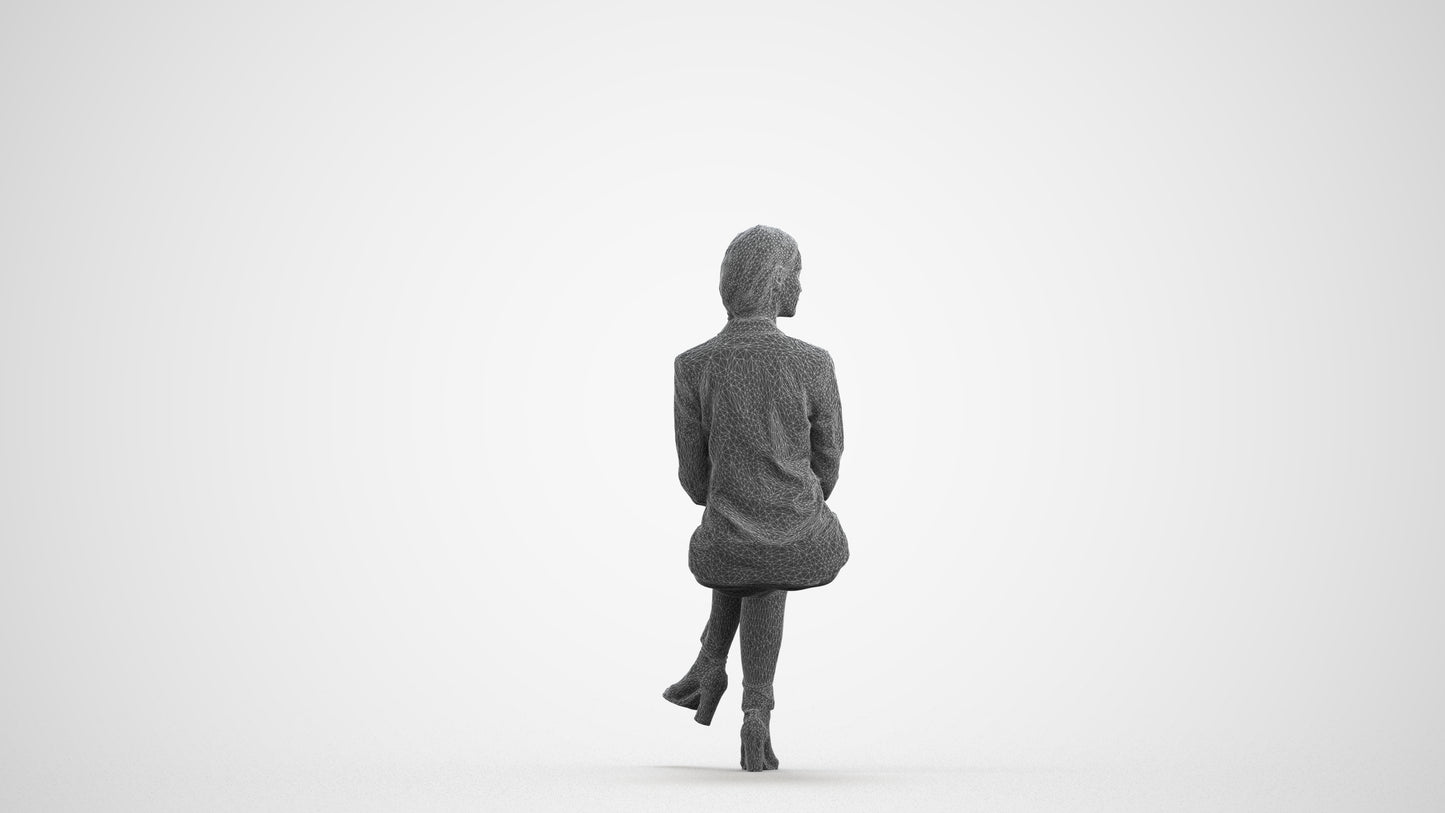 3D scanned woman sitting business, photorealistic archviz people for Enscape and SketchUp, wireframe front view