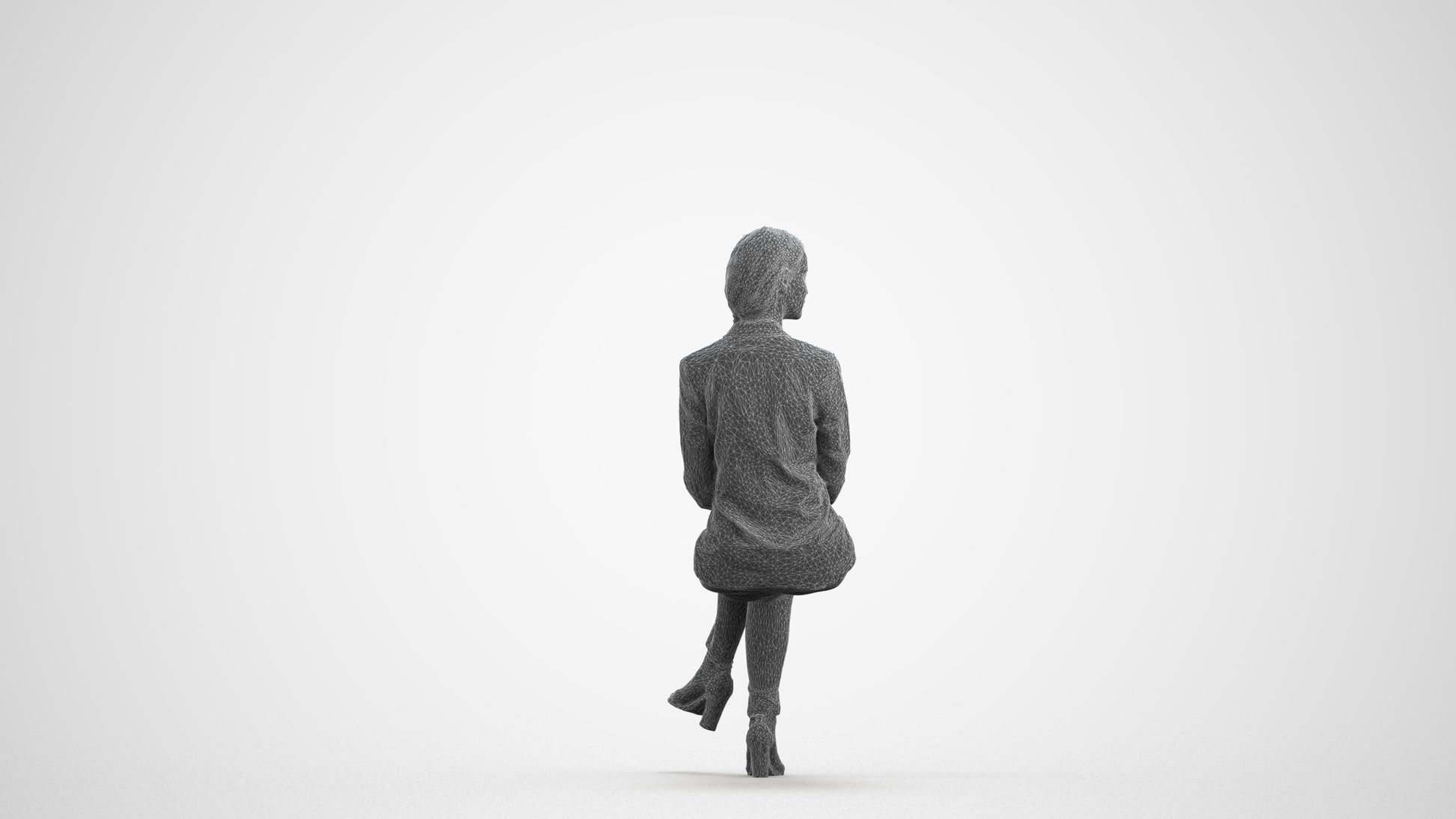 3D scanned woman sitting business, photorealistic archviz people for Enscape and SketchUp, wireframe front view