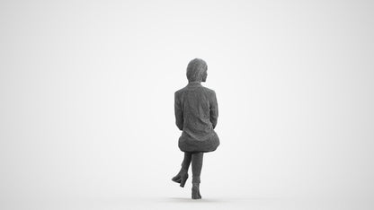 3D scanned woman sitting business, photorealistic archviz people for Enscape and SketchUp, wireframe front view