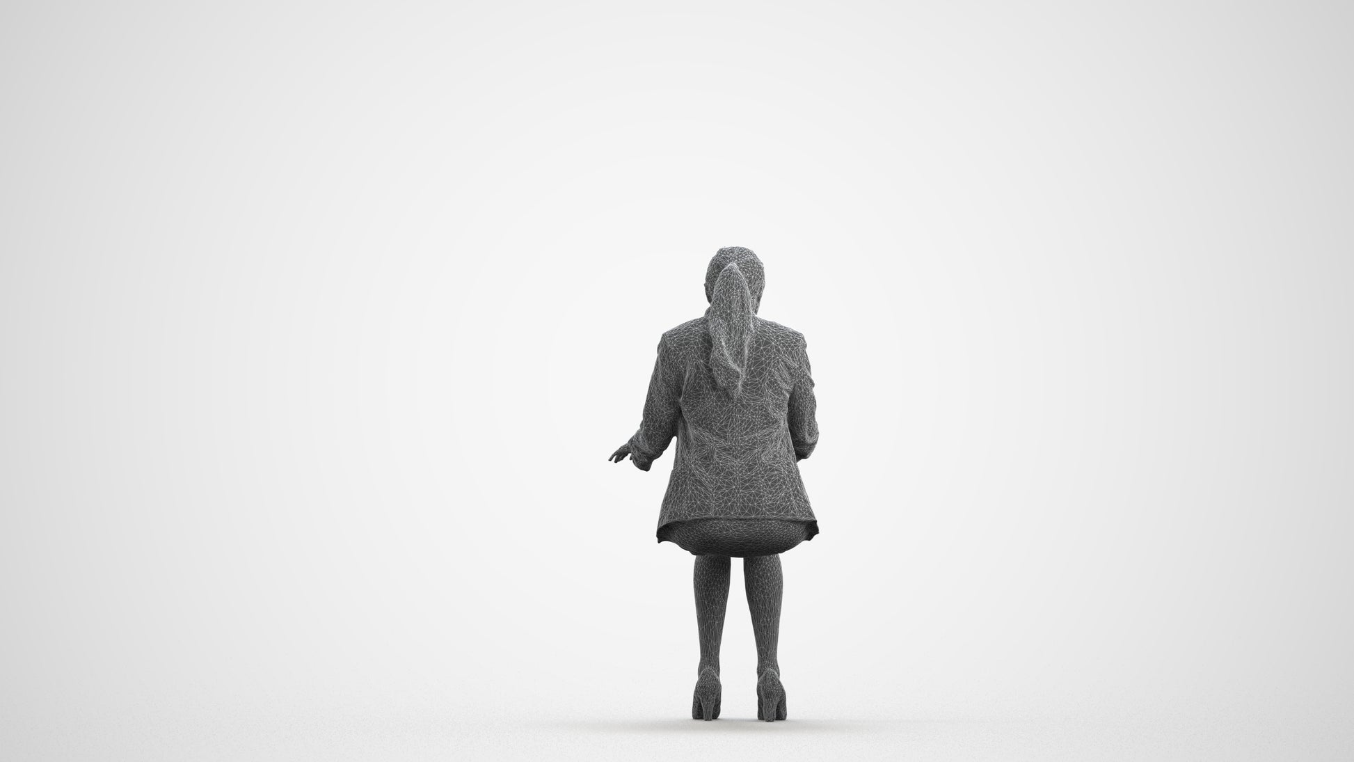 3D human model woman business, photogrammetry scanned person for archviz, wireframe front view