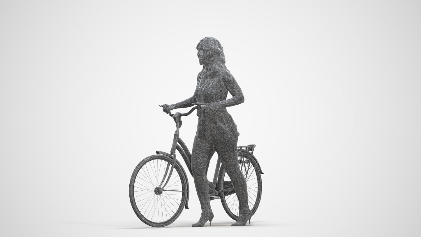 realistic 3D human woman casual cycling, archviz people FBX OBJ for Blender, three-quarter front view render
