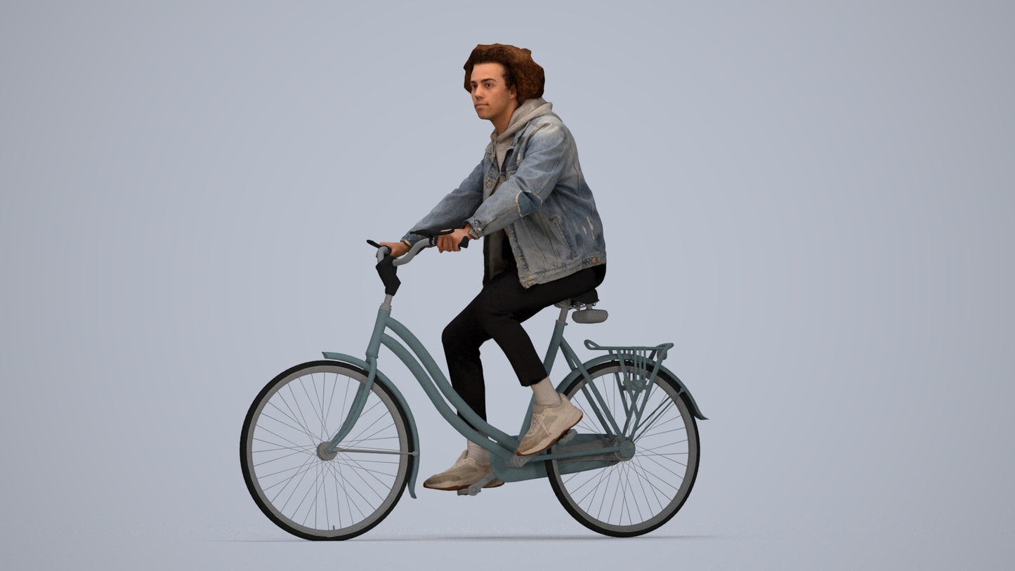 realistic 3D man casual cycling, scanned archviz people for Blender and 3ds Max, top-down view render