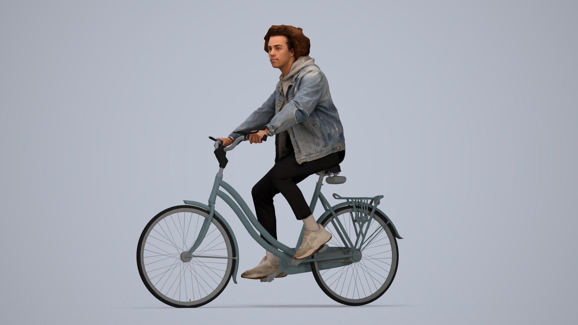 realistic 3D man casual cycling, scanned archviz people for Blender and 3ds Max, top-down view render