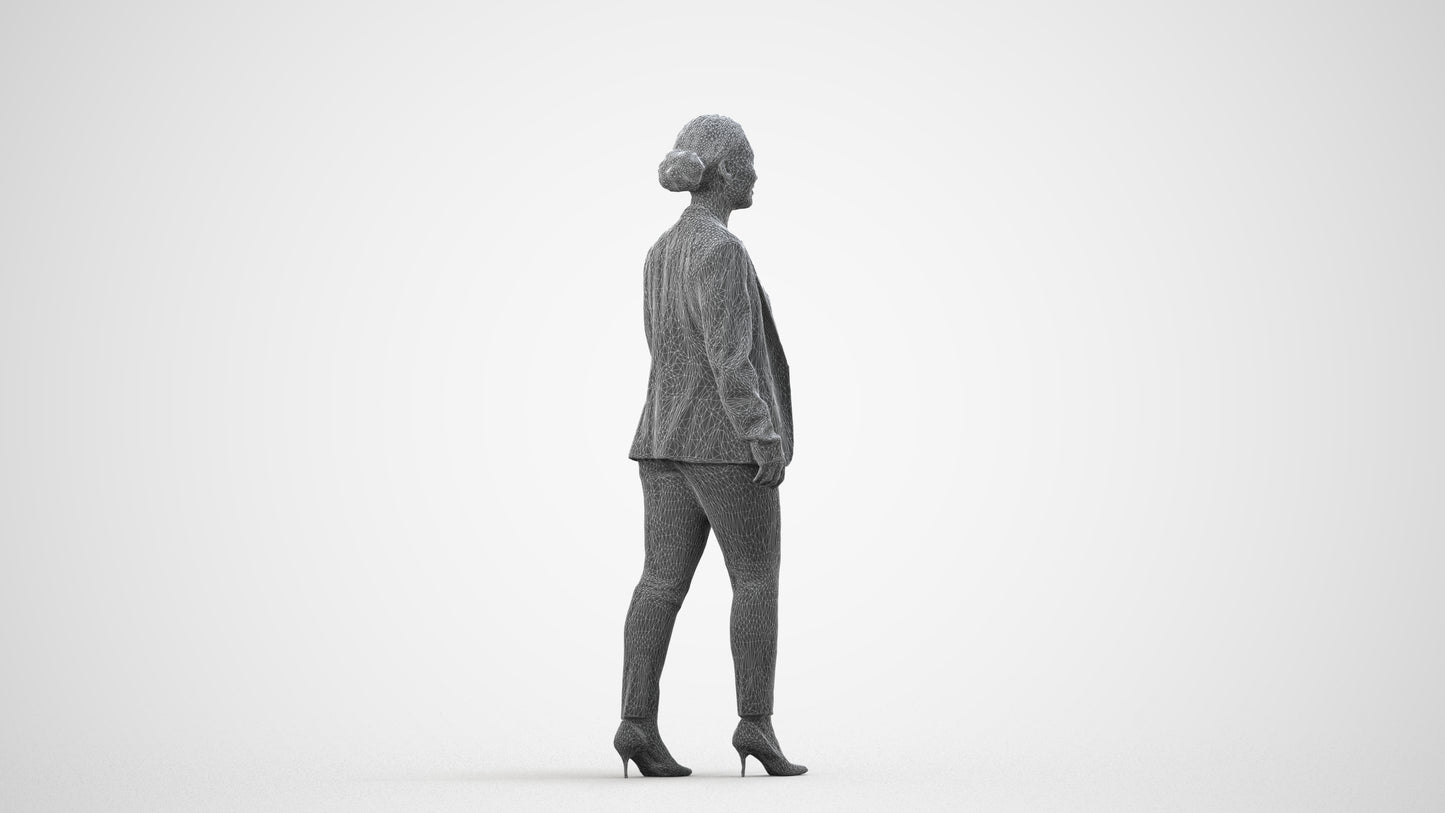 3D human model woman business walking, photogrammetry scanned person for archviz, wireframe side view