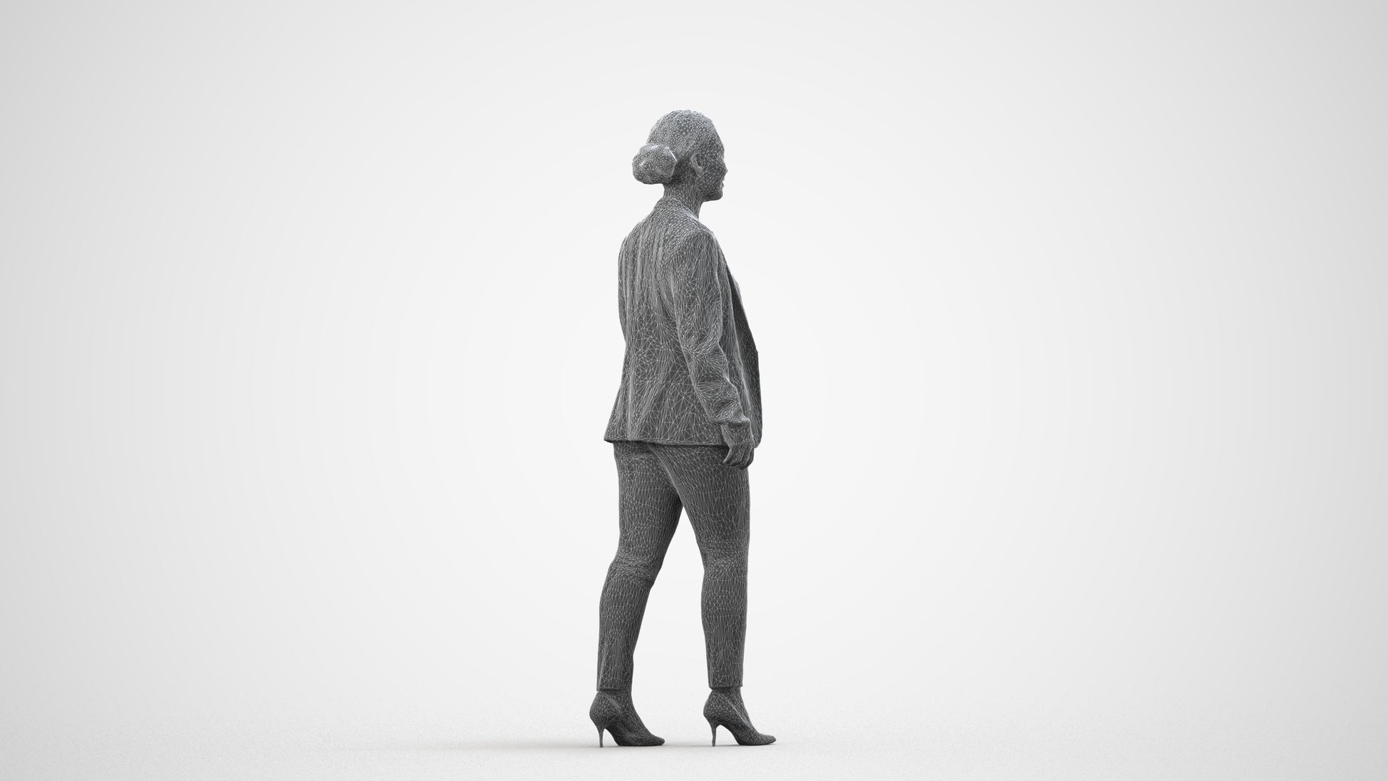 3D human model woman business walking, photogrammetry scanned person for archviz, wireframe side view