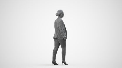 3D human model woman business walking, photogrammetry scanned person for archviz, wireframe side view