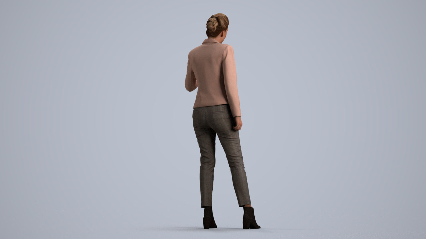 3D human model woman business, photogrammetry scanned person for archviz, front view render