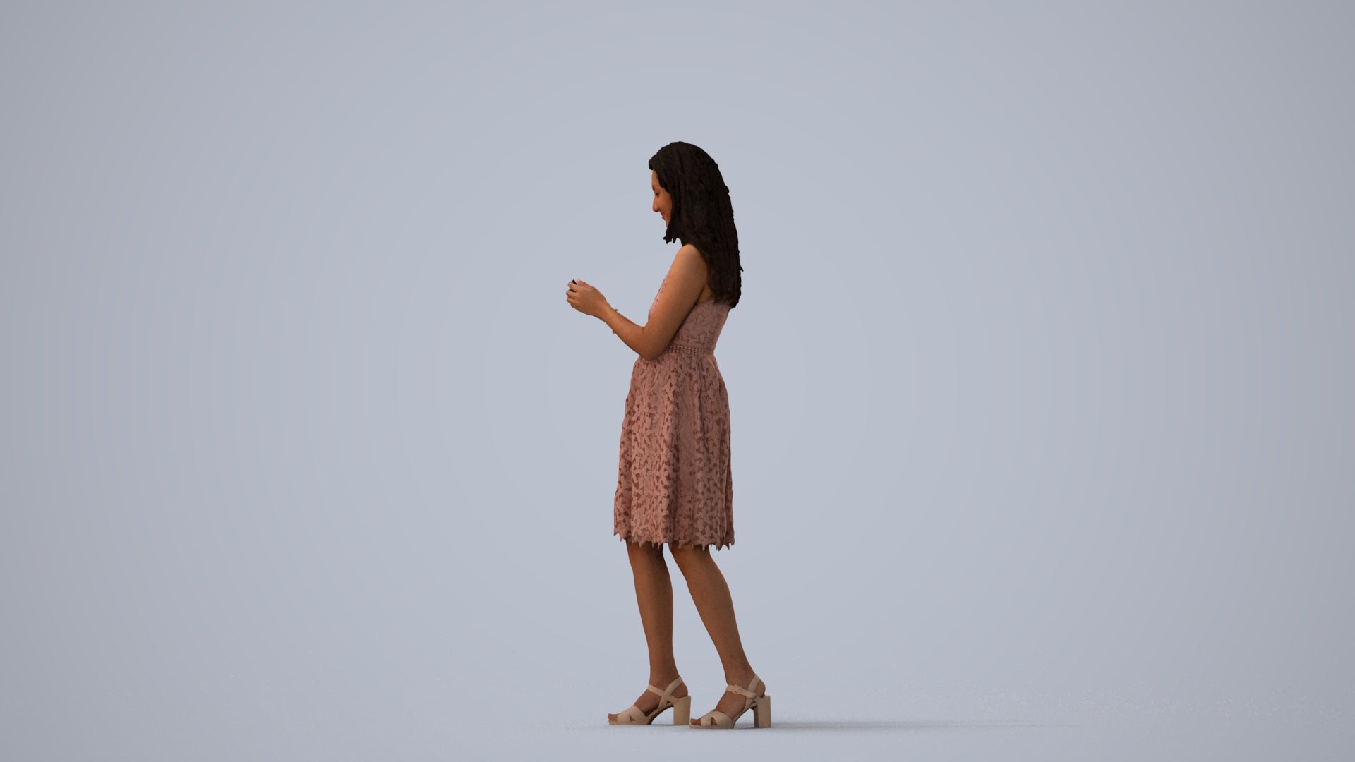 3D people model woman formal standing, scanned human for 3ds Max rendering, three-quarter view render