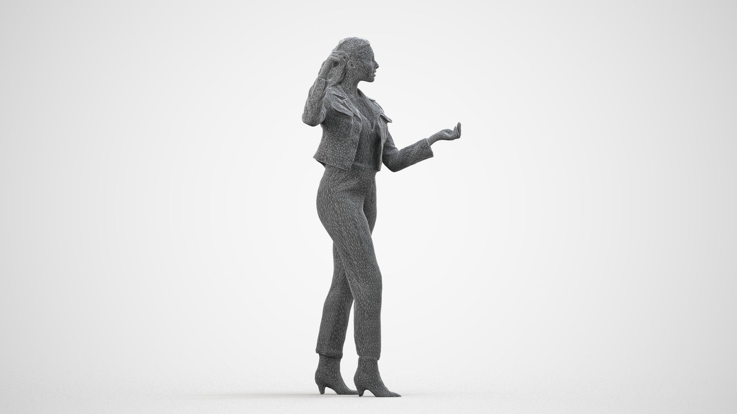 3D scanned woman standing business, photorealistic archviz people for Enscape and SketchUp, wireframe side view