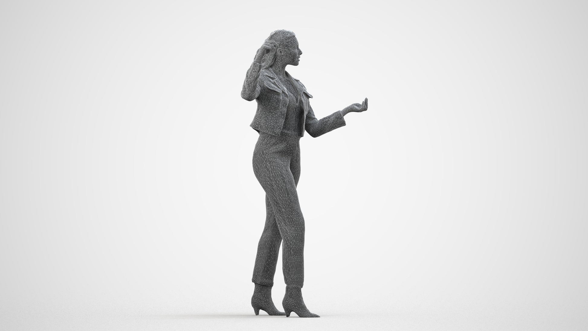 3D scanned woman standing business, photorealistic archviz people for Enscape and SketchUp, wireframe side view